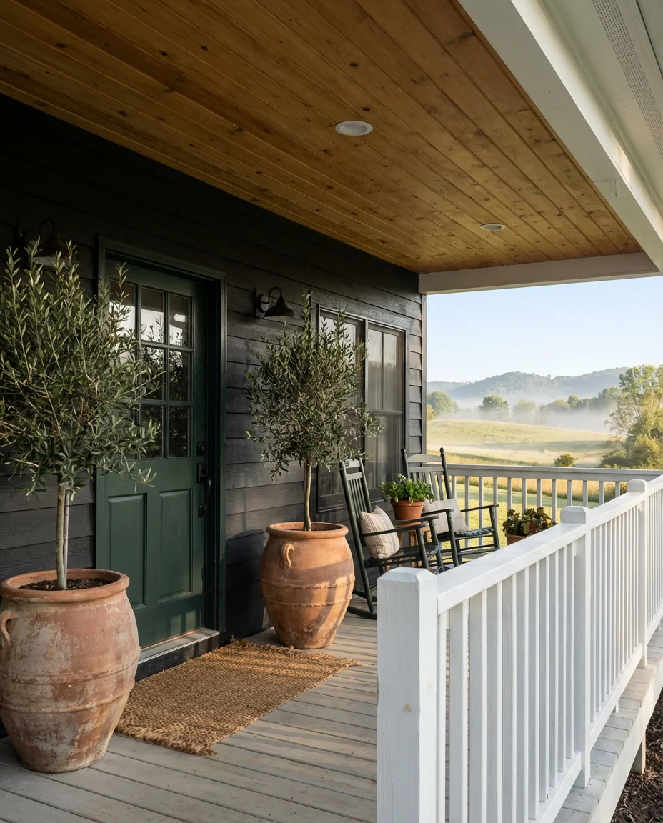 Black Farmhouse with a Color Pallet of Green and Wood 1