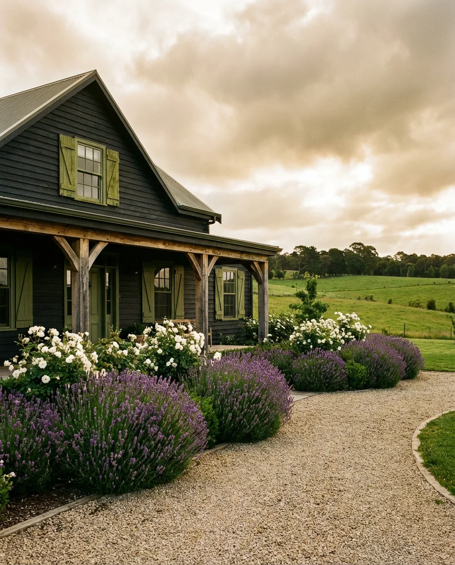 Black Farmhouse with a Color Pallet of Green and Wood 2