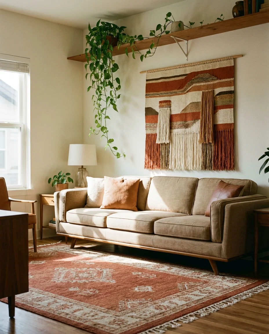 Boho Mid-Century Living Room with Woven Wall Art 1