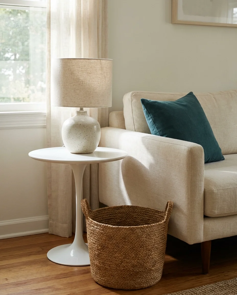 Boho Mid-Century Living Room with Woven Wall Art 2