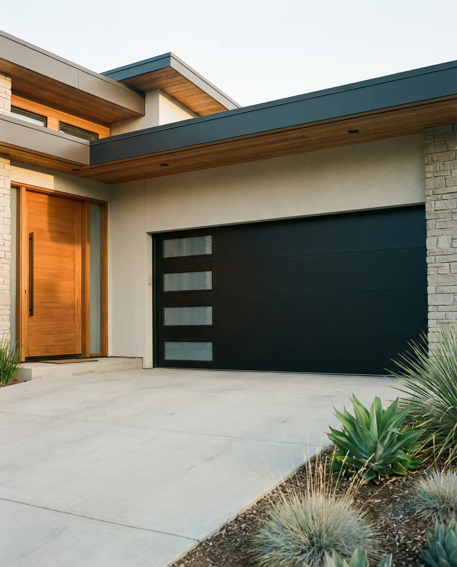 Bold Black Garage Door with Glass Panels 1
