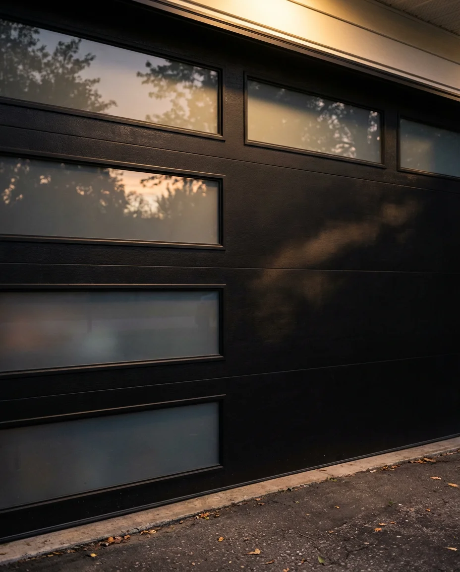 Bold Black Garage Door with Glass Panels 2