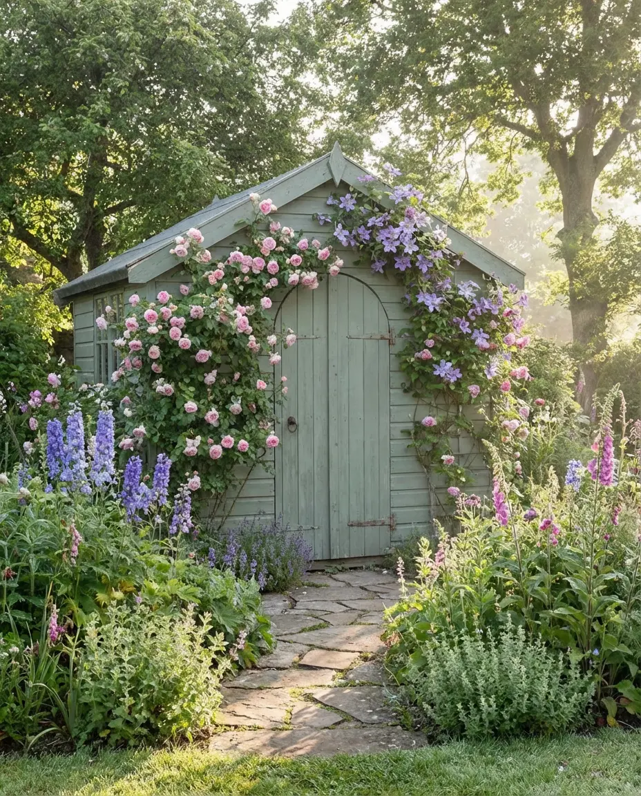 Charming Cottage Garden Shed with Climbing Plants 1