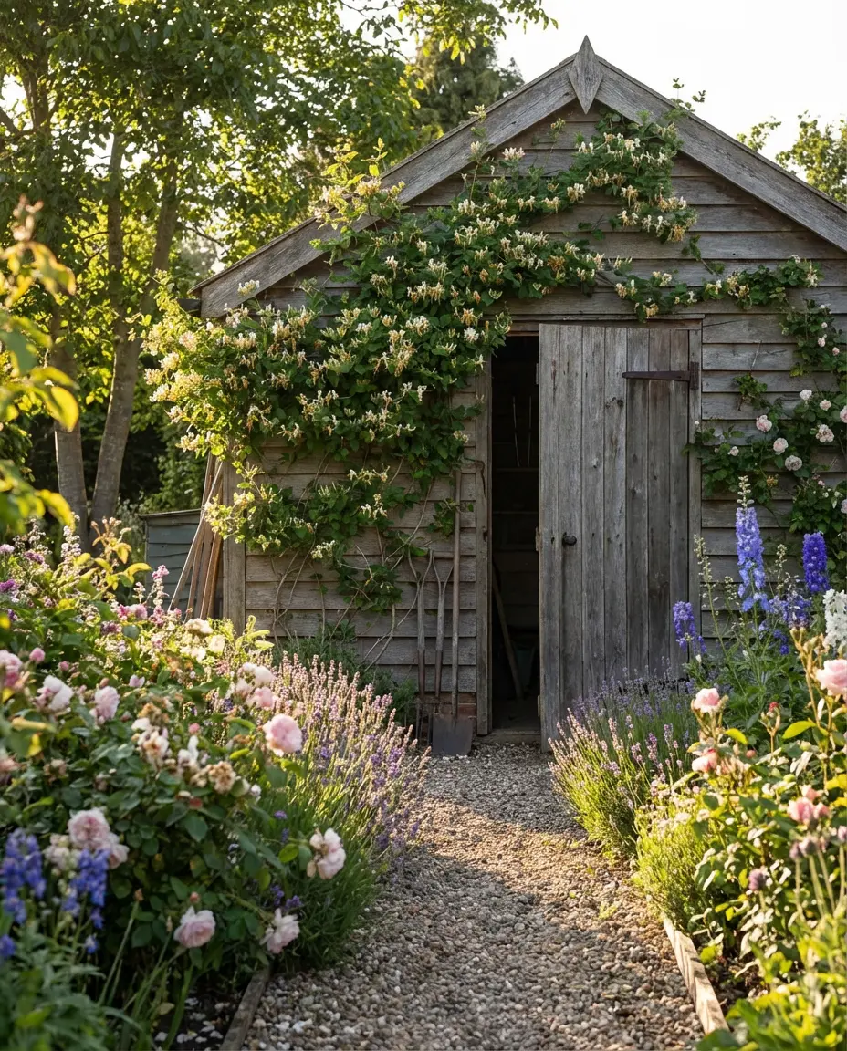 Charming Cottage Garden Shed with Climbing Plants 2