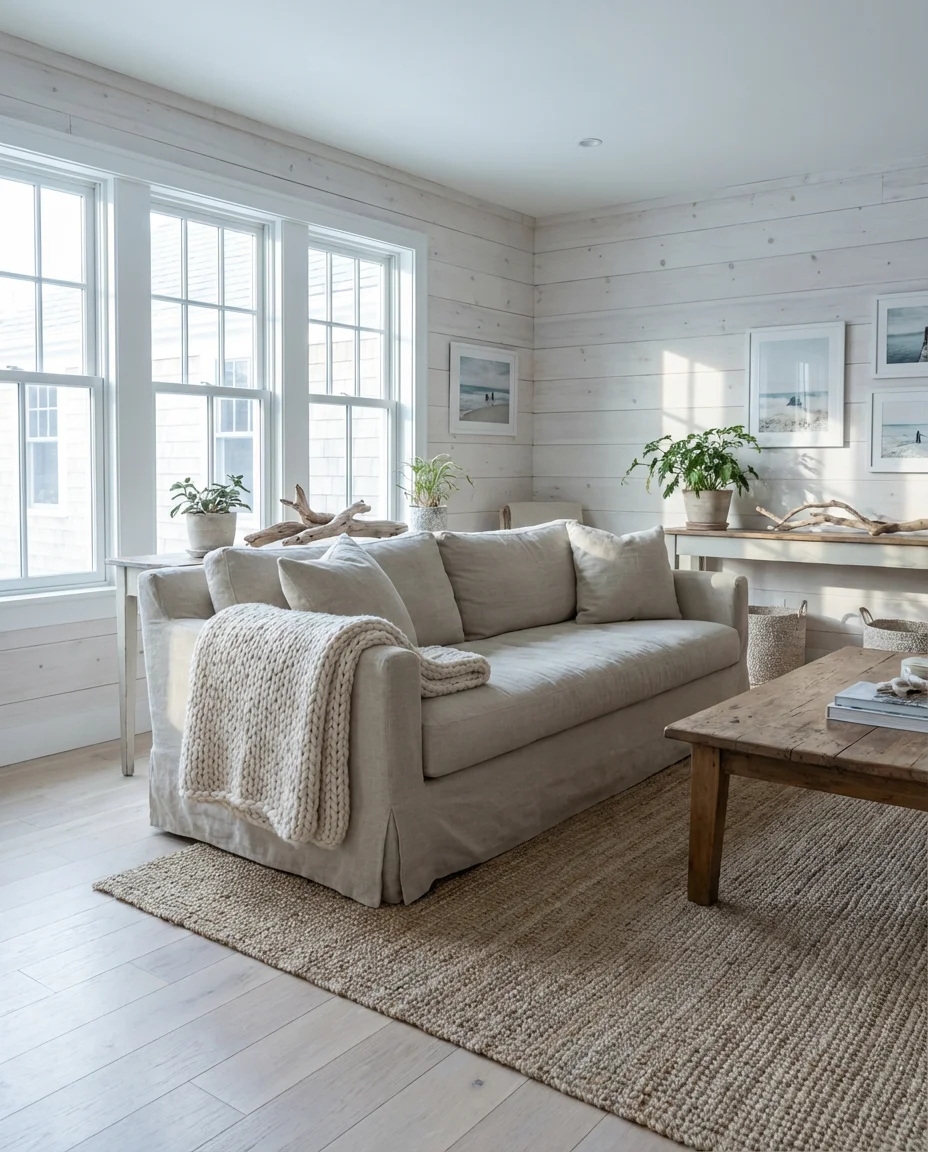 Coastal Living Room with Natural Linen and Whitewash 1