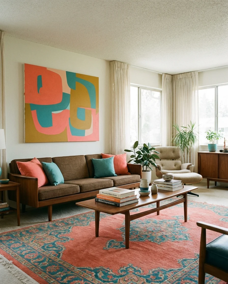 Colorful Mid-Century Living Room with Abstract Art 1