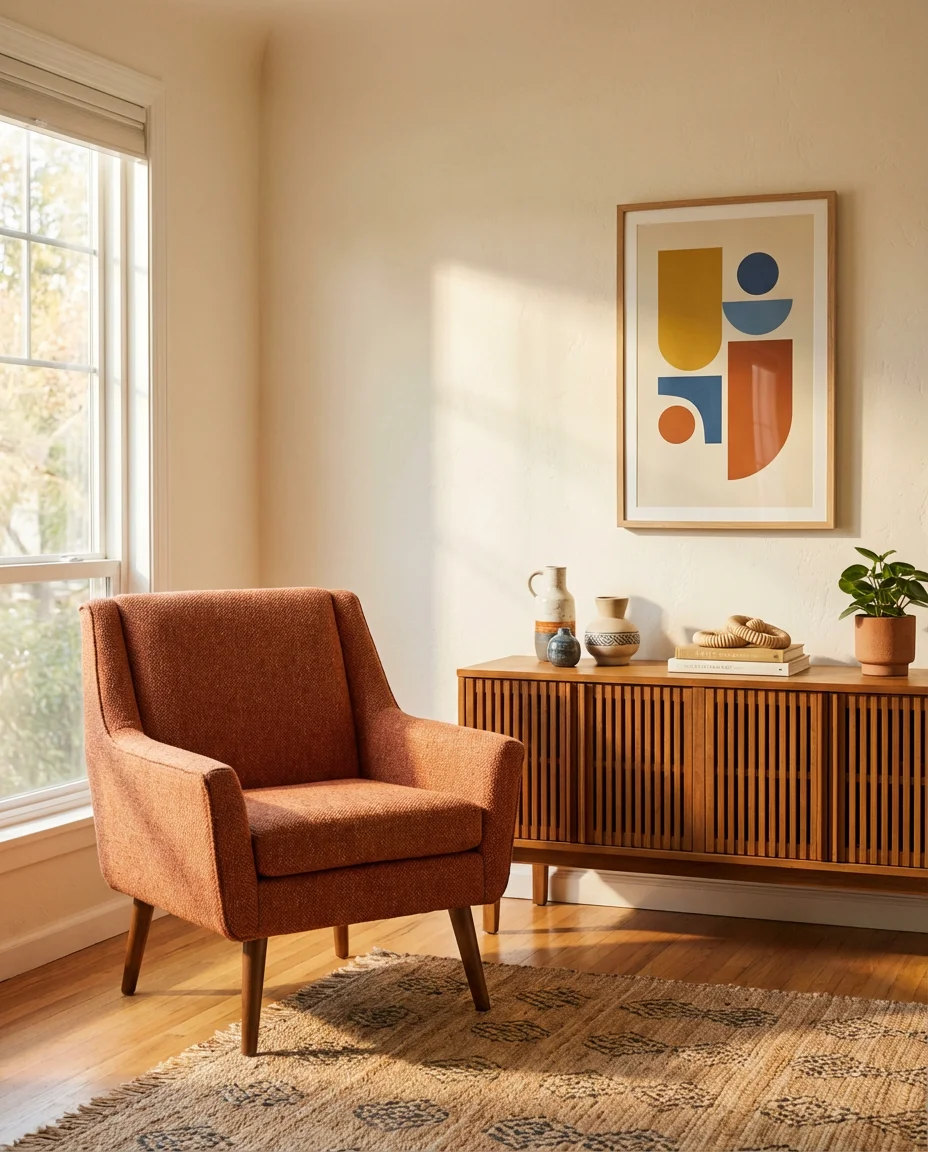 Contemporary Mid-Century Living Room with Bold Color 2