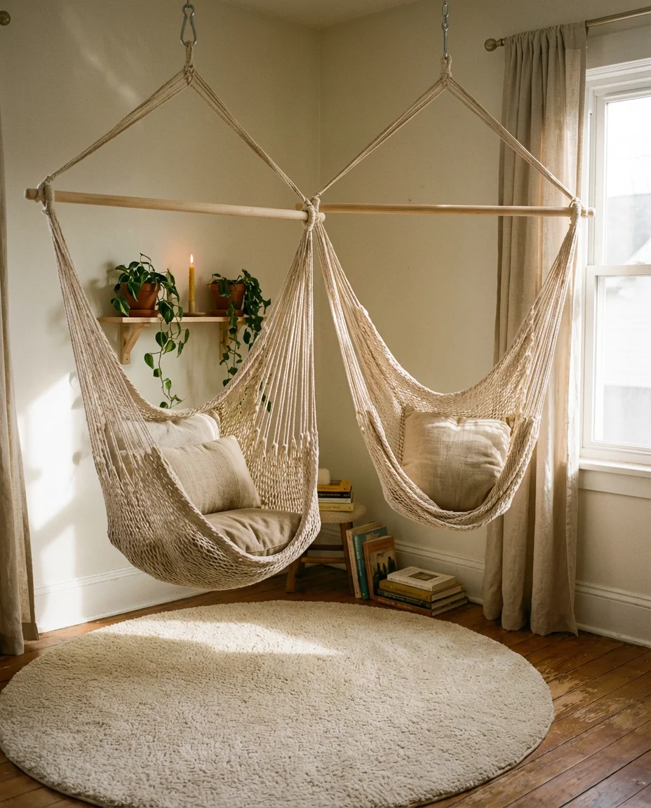 Corner Reading Nook with a Hammock Chair 1