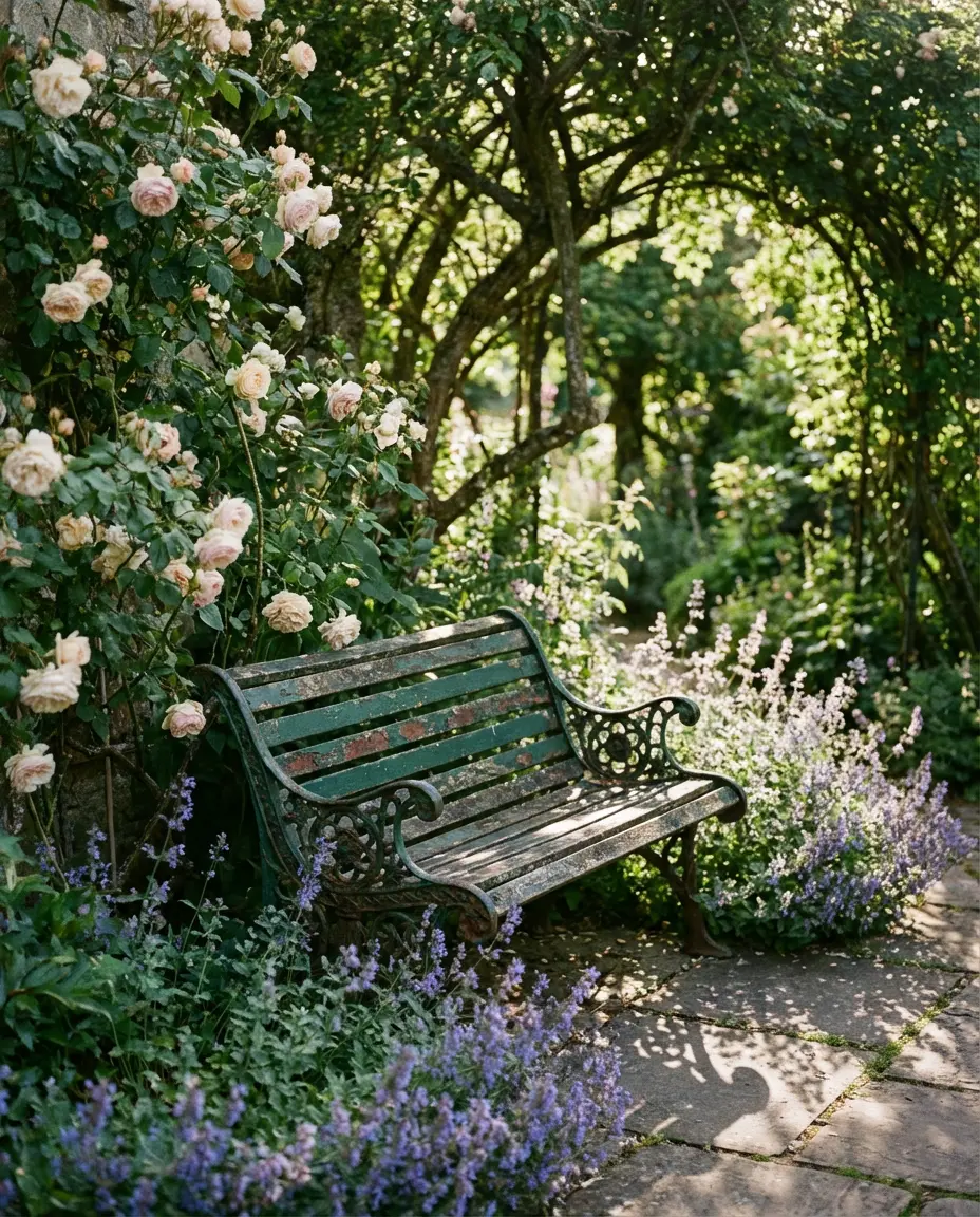 Cottage Garden Aesthetic with an Antique Bench 1