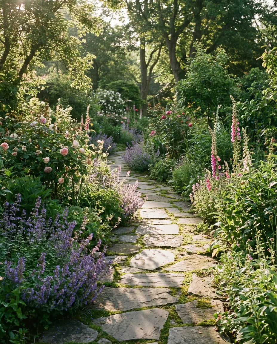 Cottage Garden Layout with a Curved Stone Path 1