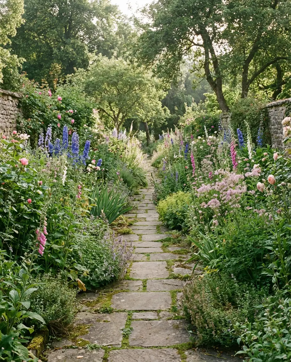Cottage Garden Layout with a Curved Stone Path 2