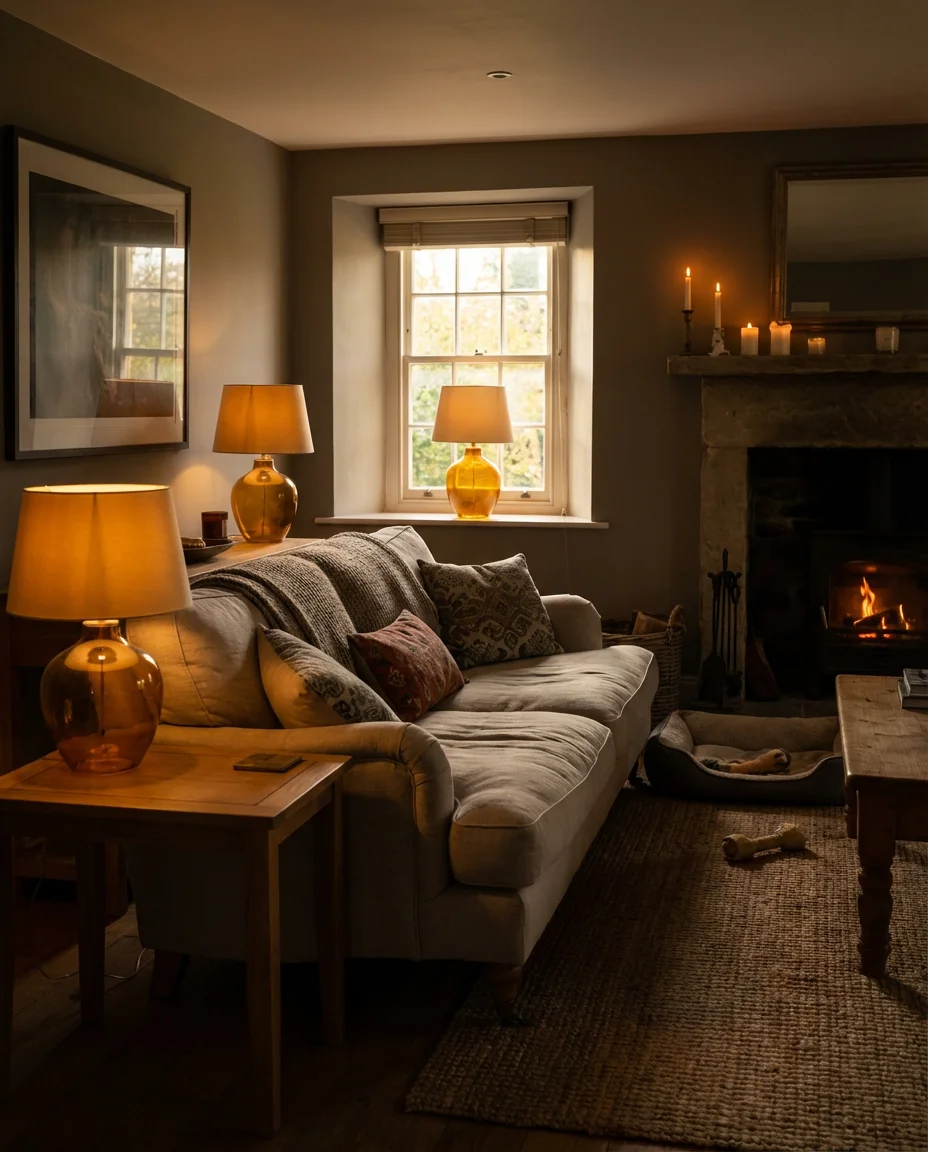 Cozy Living Room with Fireplace and Warm Lighting 1