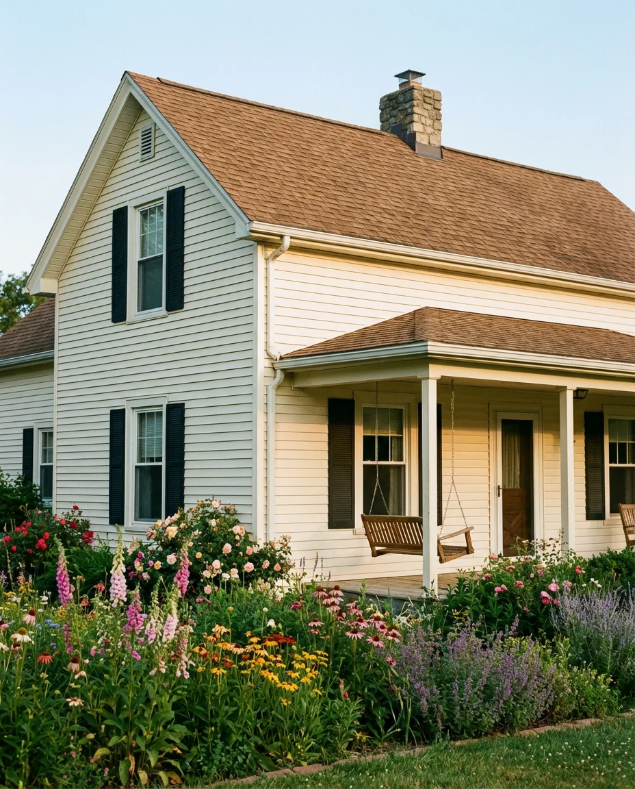 Creamy Off-White Farmhouse with Brown Roof 1