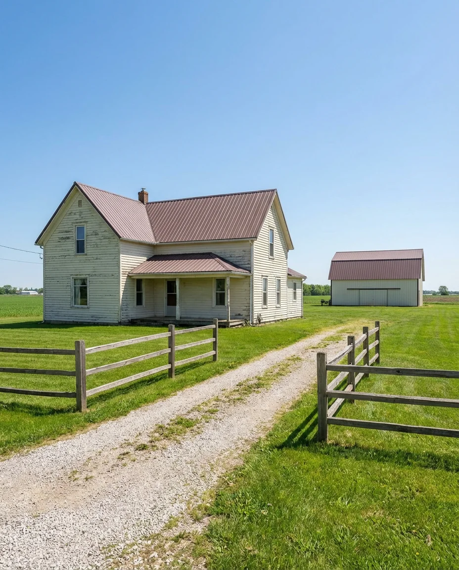 Creamy Off-White Farmhouse with Brown Roof 2