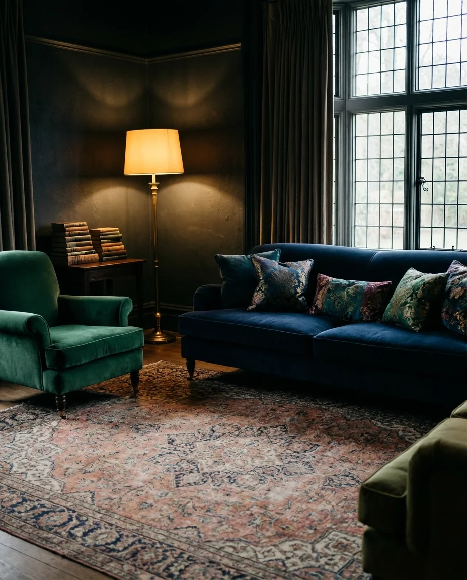 Dark Moody Living Room with Jewel Tones 1