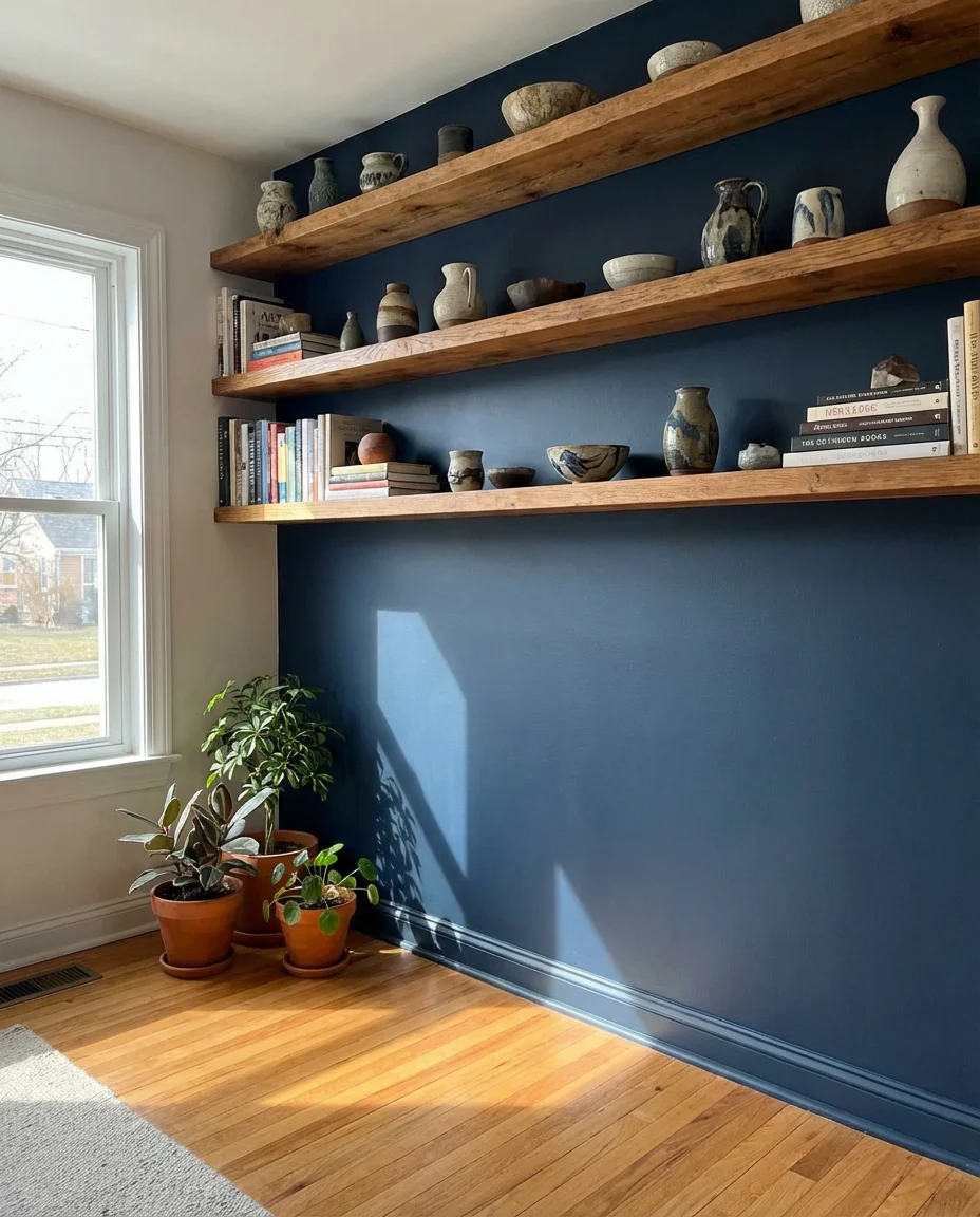 Dark Navy Accent Wall with Warm Timber 1