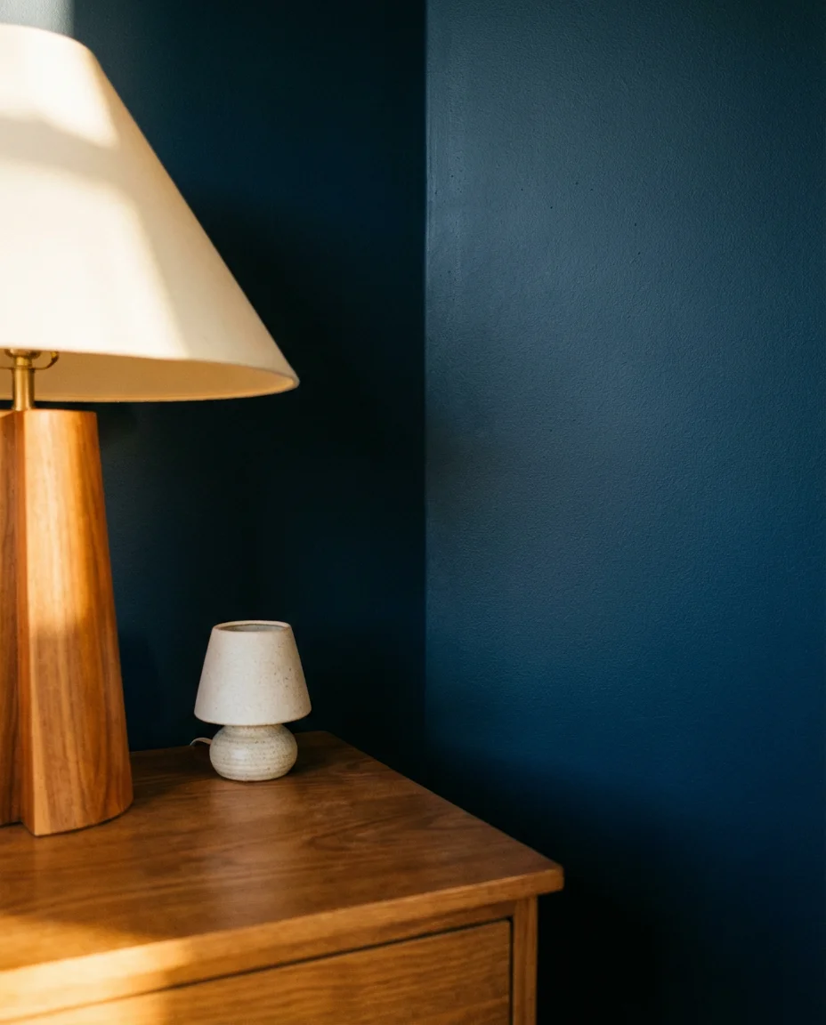 Dark Navy Accent Wall with Warm Timber 2