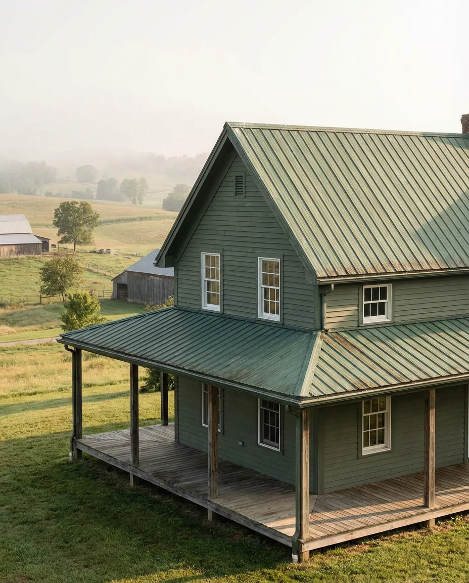 Dark Sage Green on a Farmhouse with a Green Roof 1