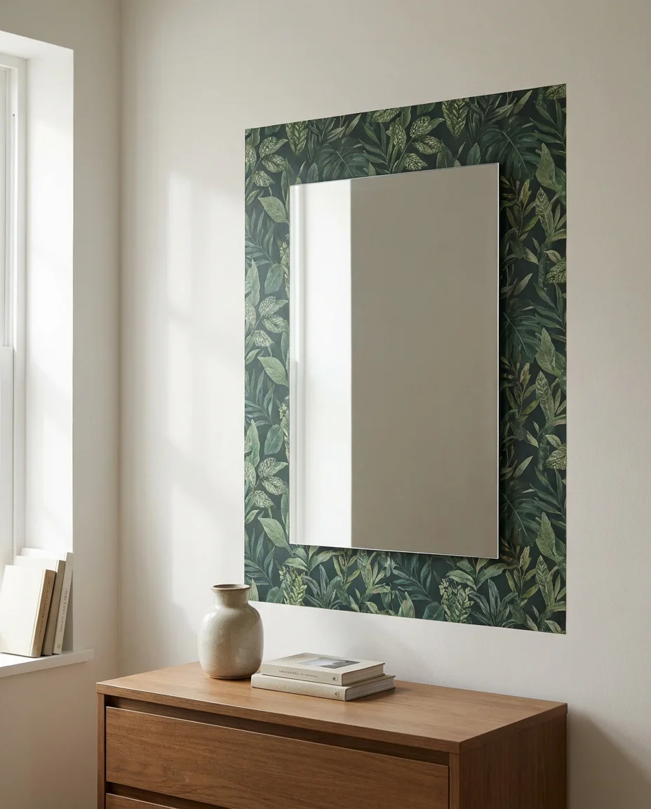 Dresser Ideas with Wallpaper Backed Mirror Frame 1