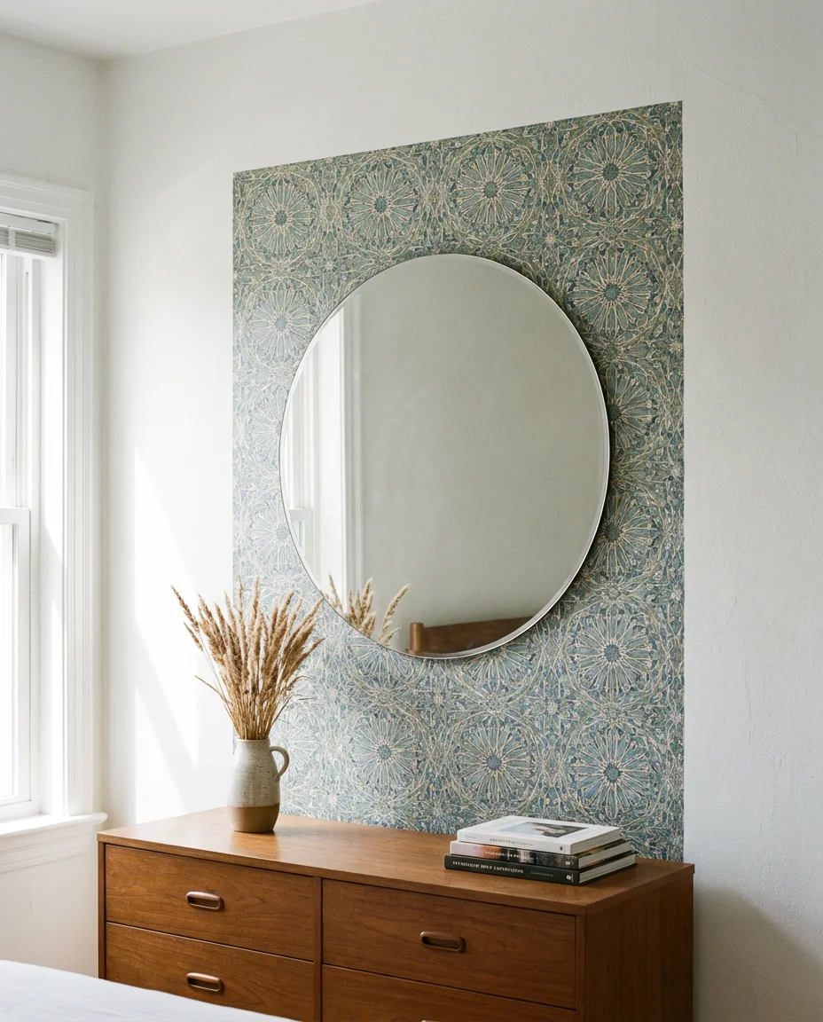 Dresser Ideas with Wallpaper Backed Mirror Frame 2