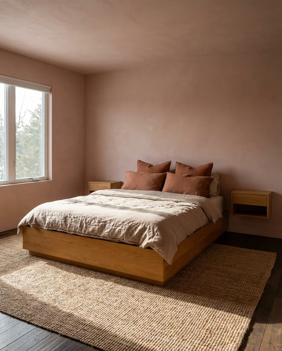 Dusty Pink Walls with Warm Wood Accents 1
