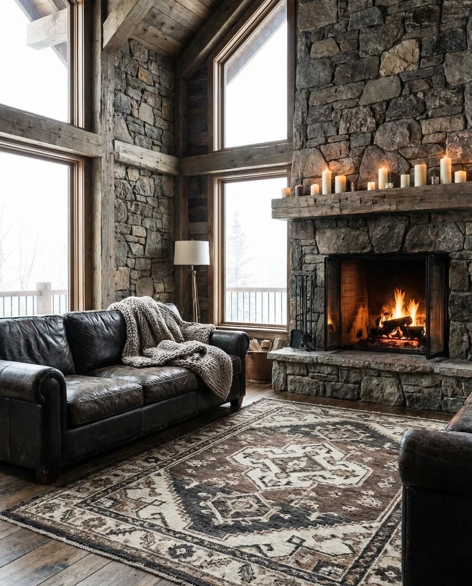Earthy Rustic Living Room with Stone Fireplace 1