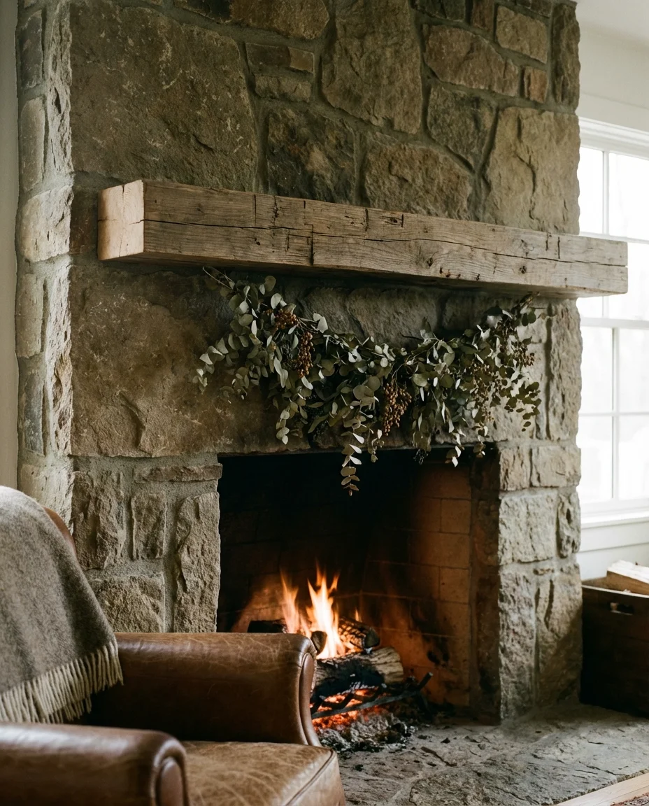 Earthy Rustic Living Room with Stone Fireplace 2