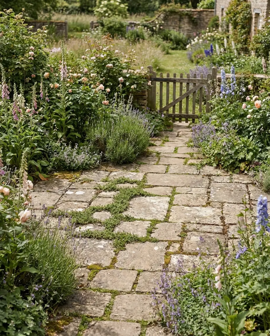English Cottage Garden Patio with Stone Paths 2