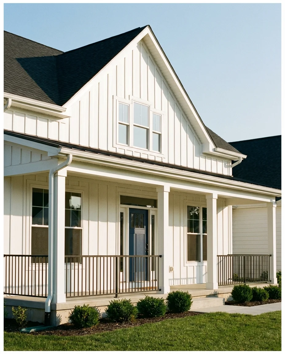 Farmhouse Black Railing with Board-and-Batten Backdrop 1