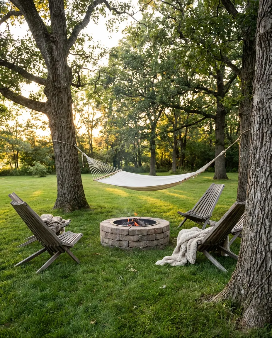 Fire Pit Area with Hammock and Lounge Chairs 1
