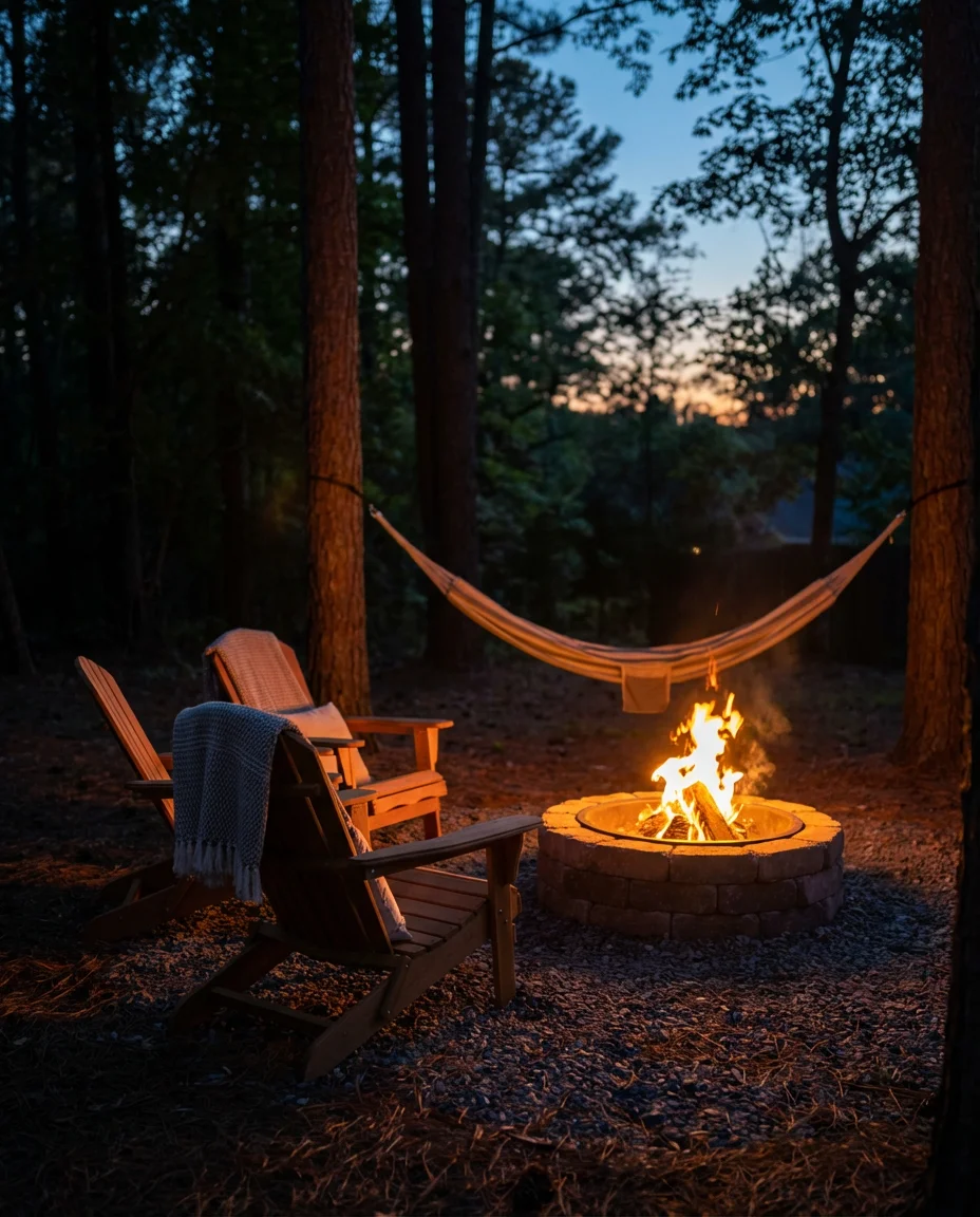 Fire Pit Area with Hammock and Lounge Chairs 2