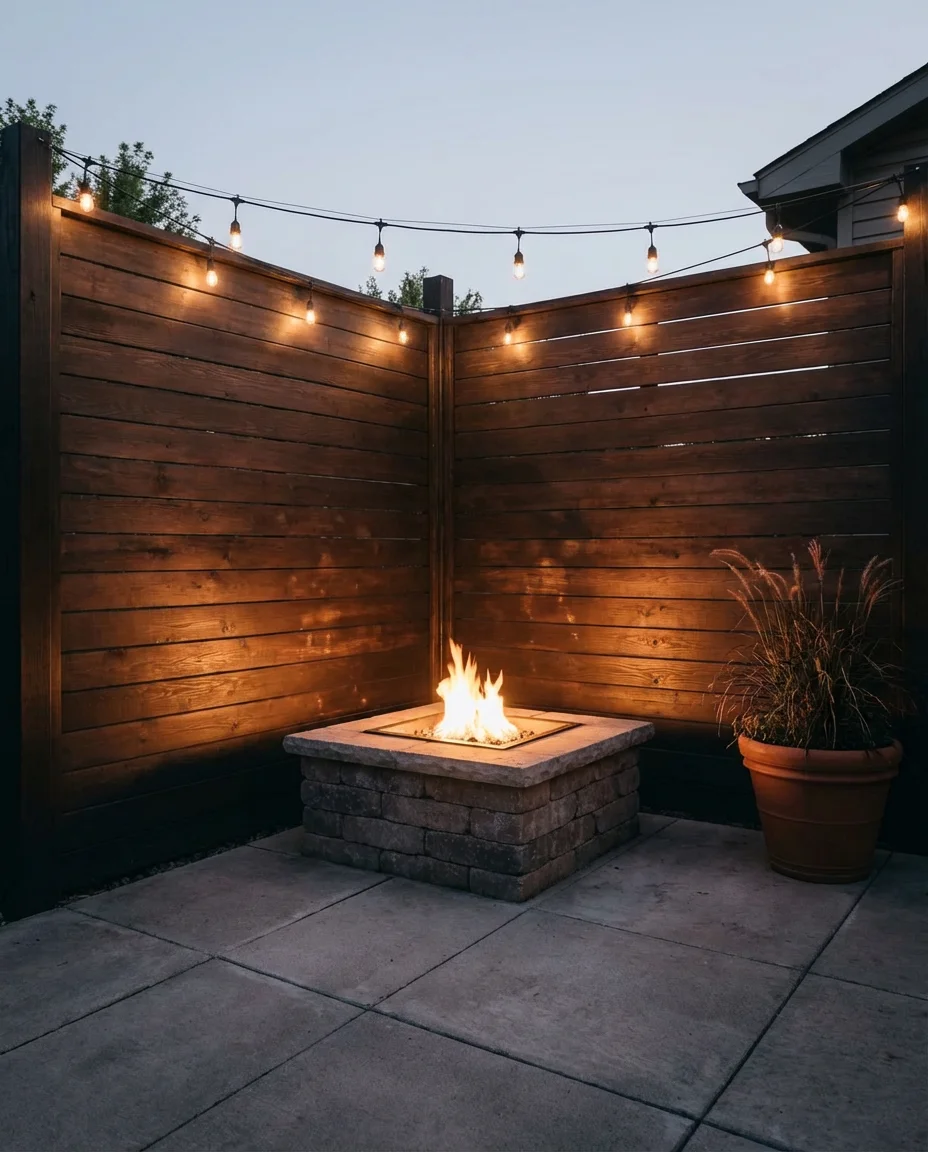 Fire Pit Nook with Wood Privacy Screen 2