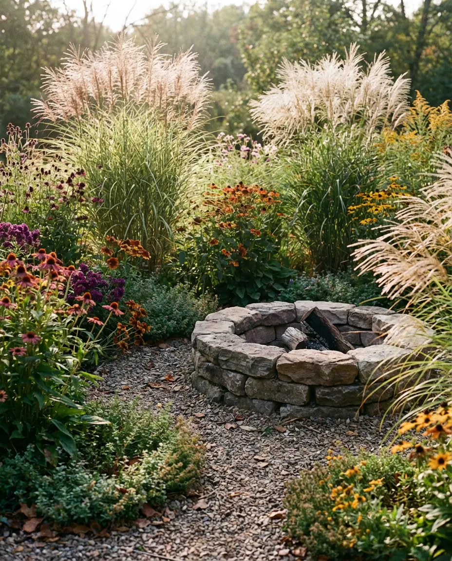 Fire Pit Surrounded by Native Garden Plantings 1