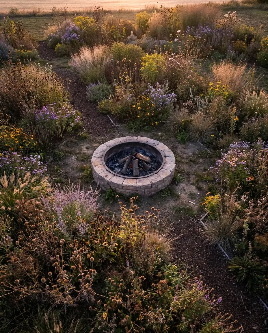 Fire Pit Surrounded by Native Garden Plantings 2