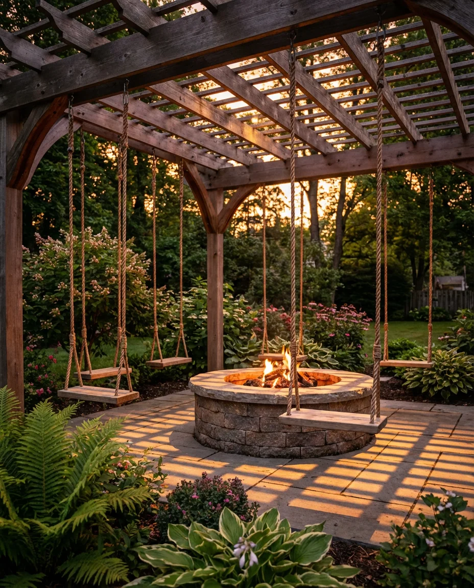 Fire Pit with Swing Seating for a Playful Backyard 1