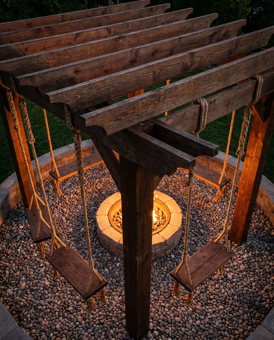 Fire Pit with Swing Seating for a Playful Backyard 2