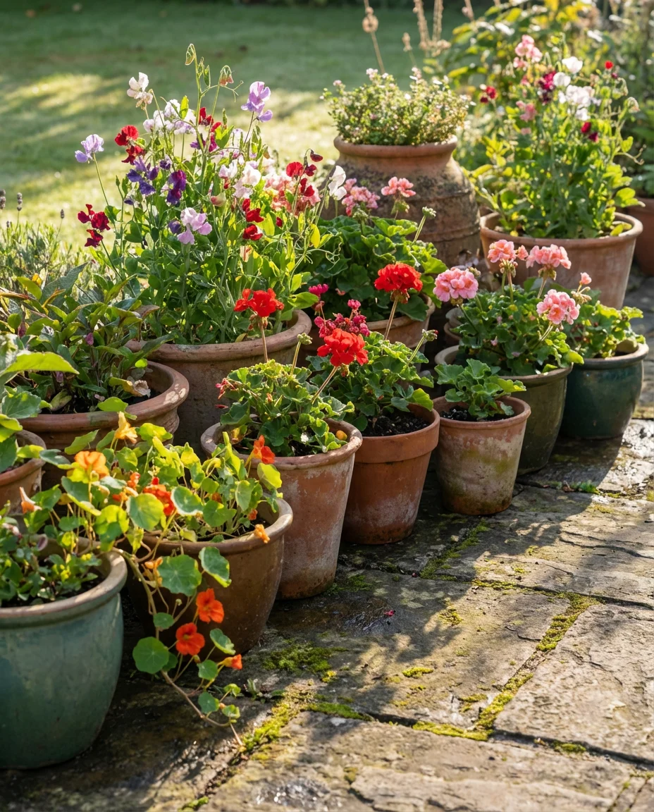Flower-Filled Cottage Garden Pots on a Patio 1