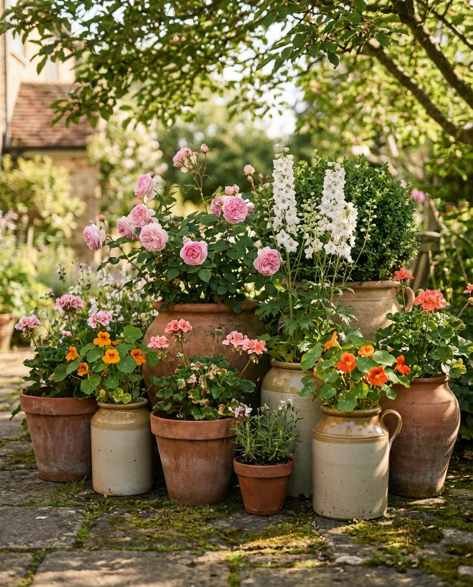 Flower-Filled Cottage Garden Pots on a Patio 2