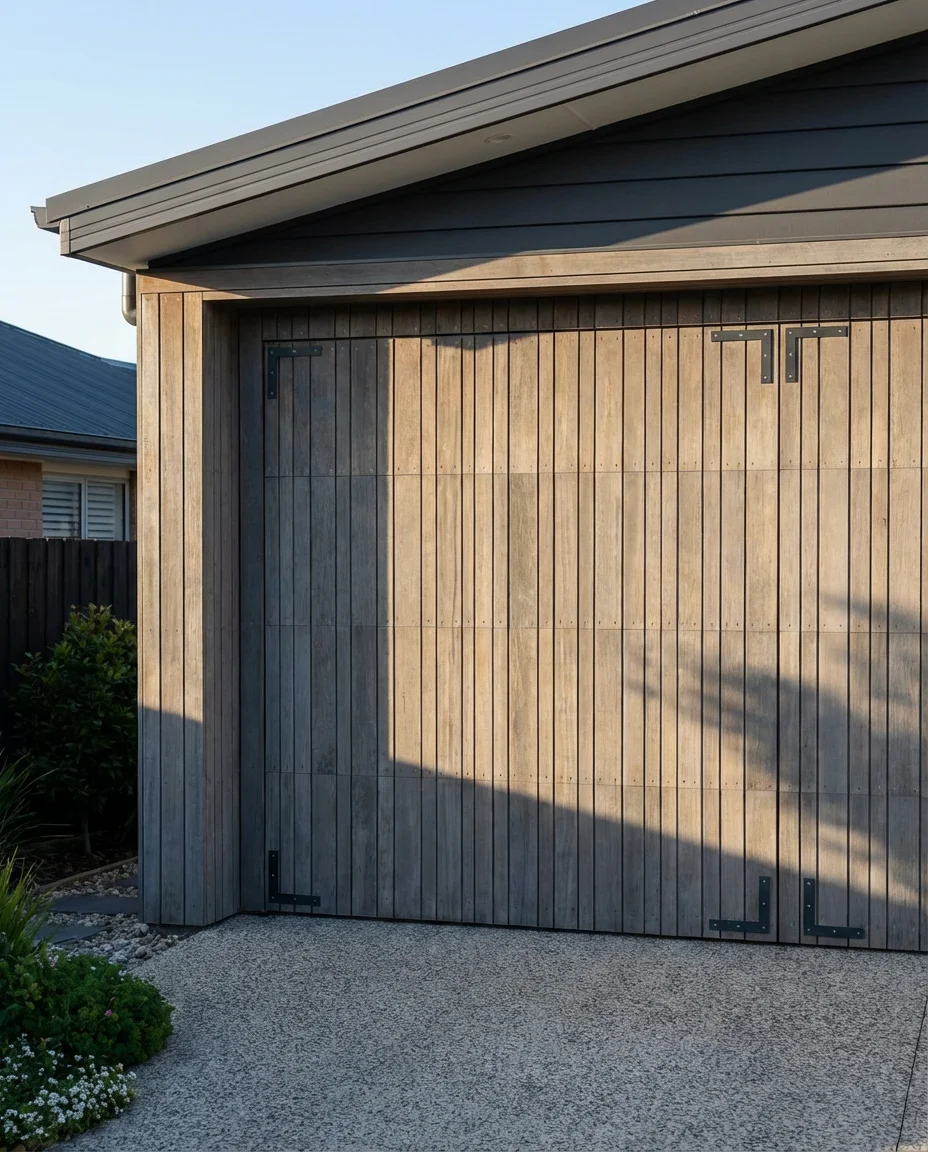 Garage Door with Vertical Wood Slats and Metal Accents 1