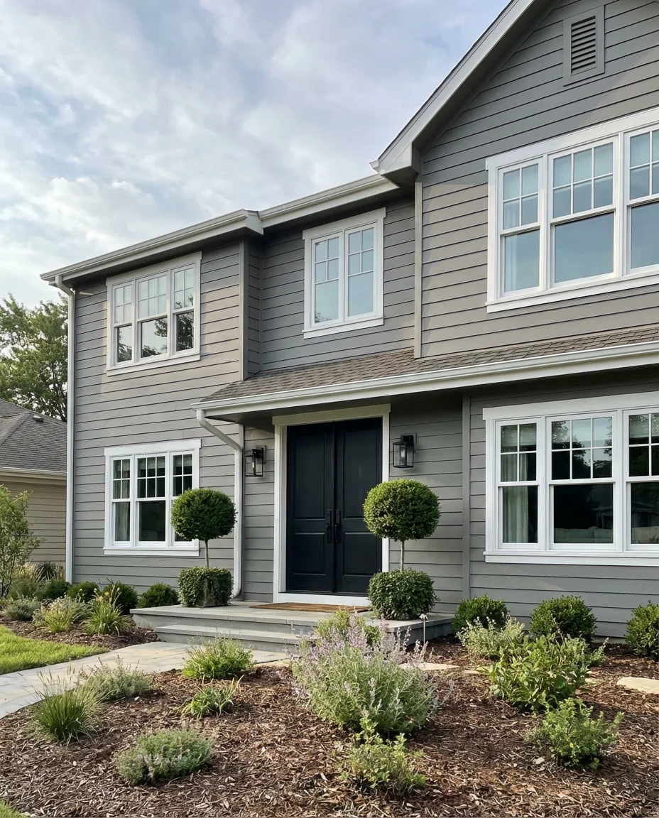 Gray Exterior with White Trim and Black Doors 1
