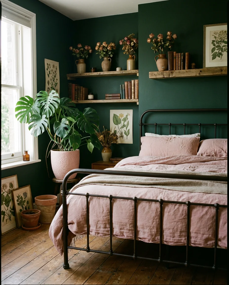 Green and Pink Botanical Bedroom 1
