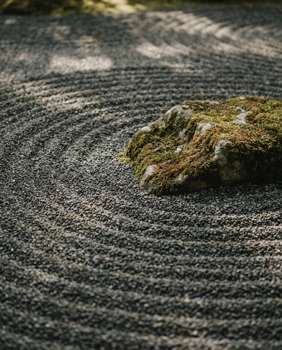 Japanese Zen Garden with Raked Gravel and Stone Arrangements 2
