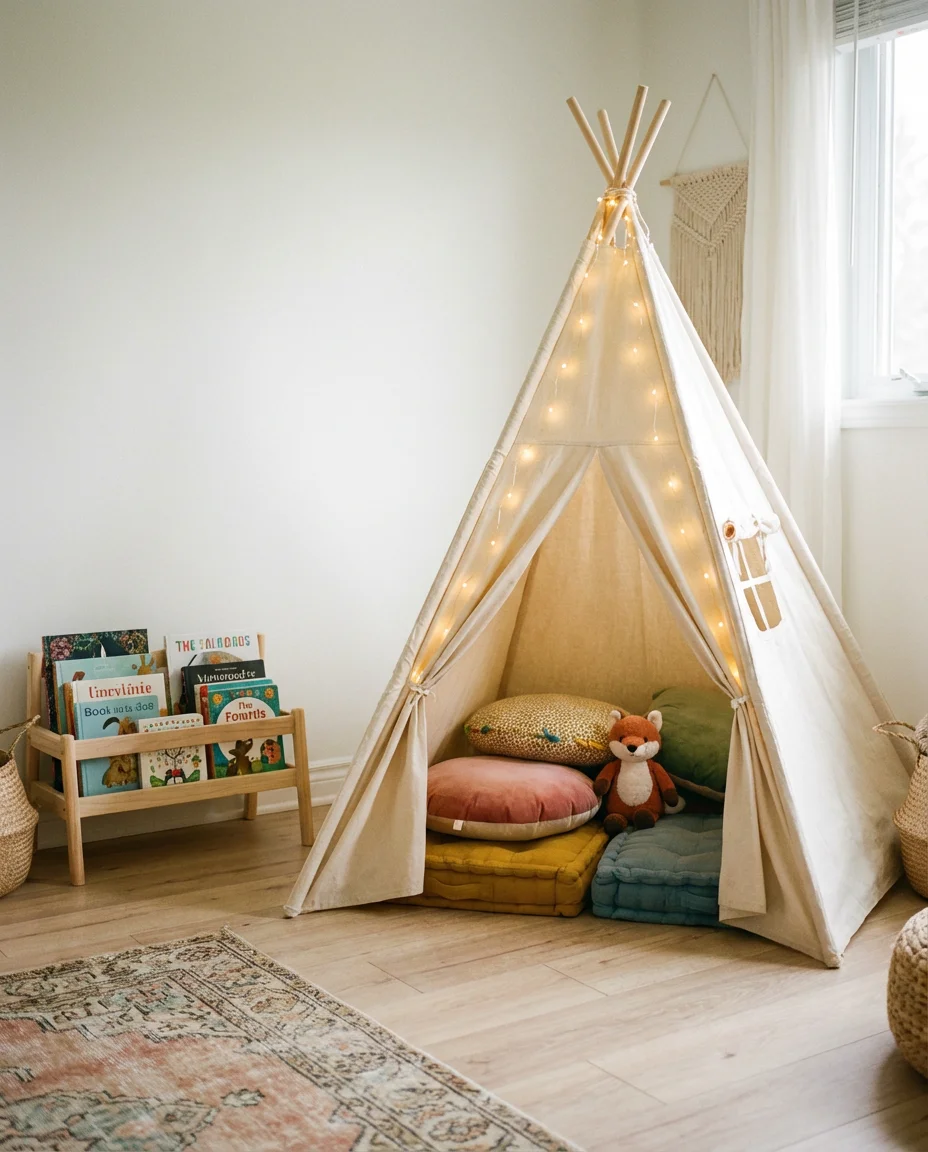 Kids Room Reading Nook with Tent and Fairy Lights 1
