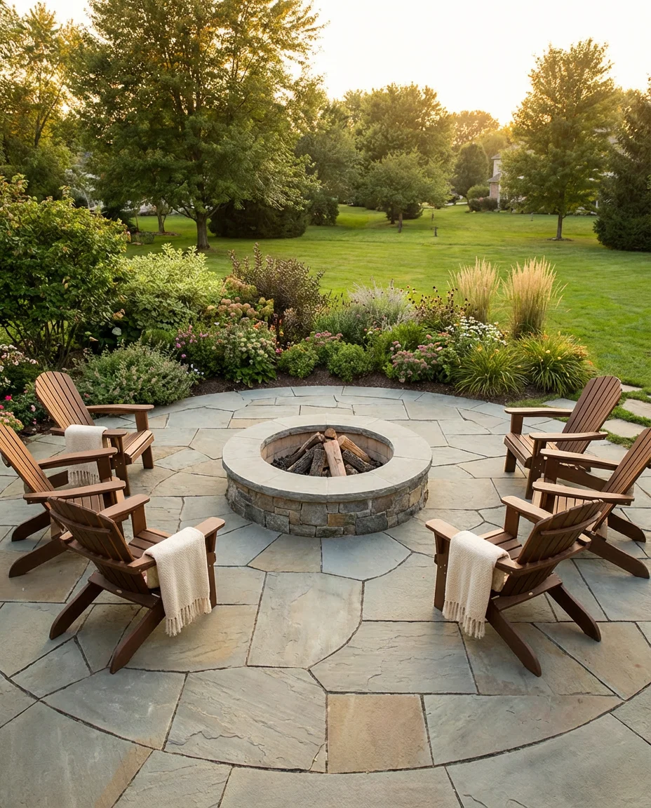 Large Backyard Fire Pit with Circular Stone Patio 1