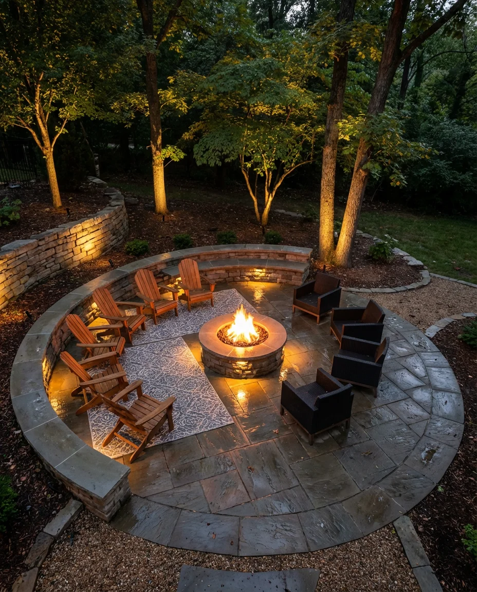 Large Backyard Fire Pit with Circular Stone Patio 2