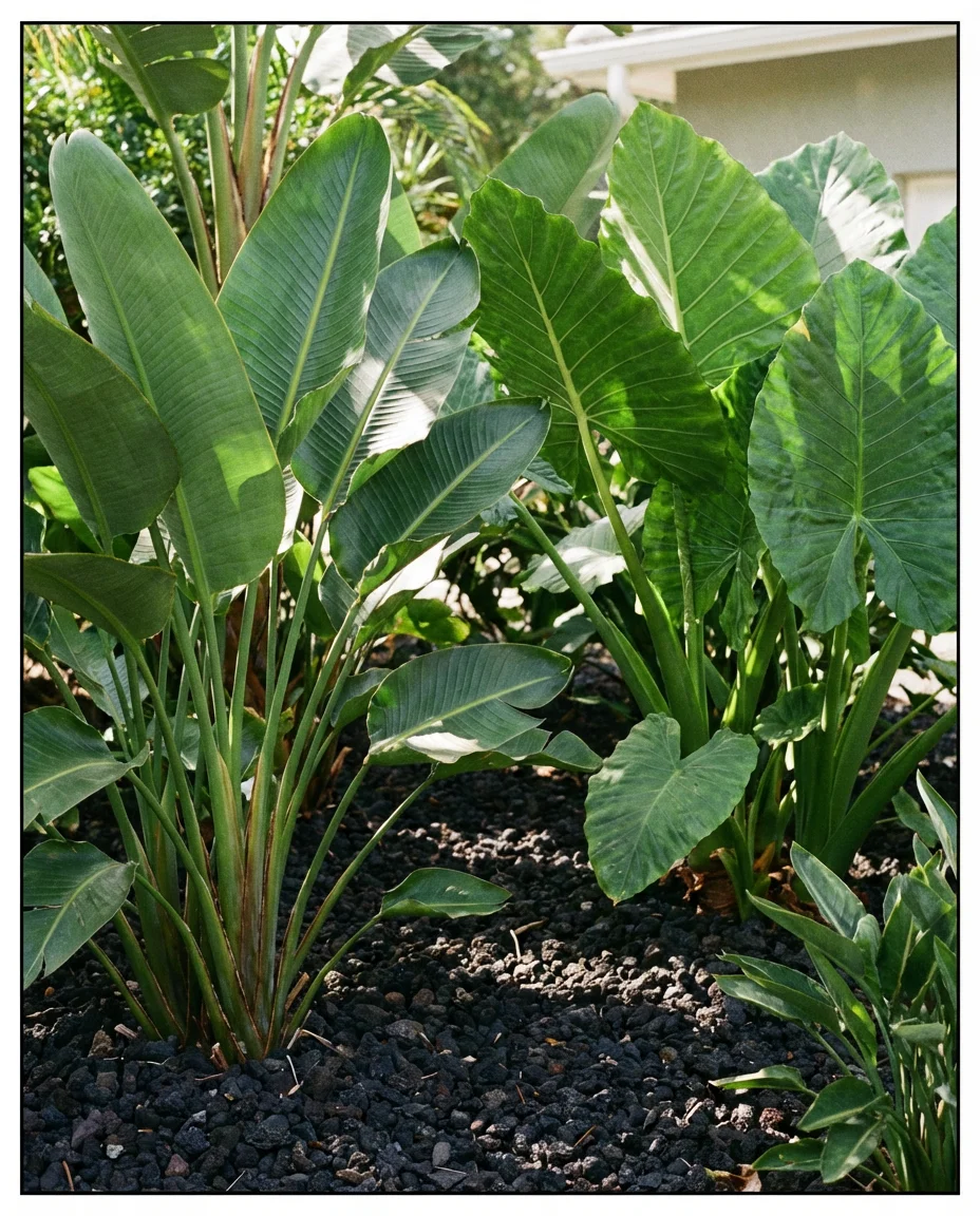 Lava Rock Mulch Garden Bed with Tropical Plants 1