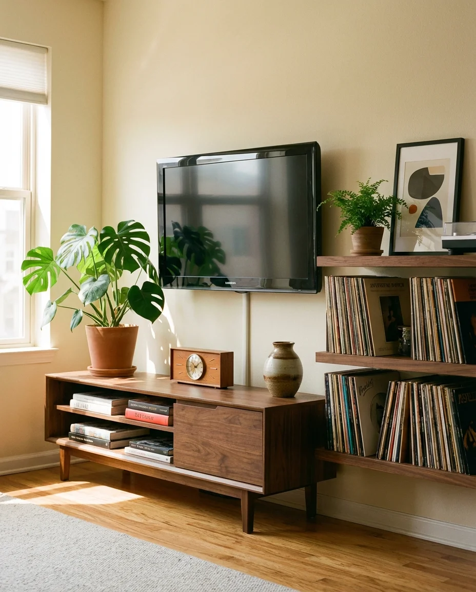 Mid-Century Modern TV Wall with Floating Shelves 1