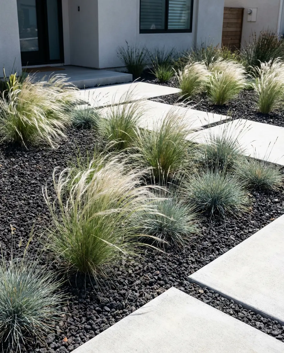 Modern Rock Garden with Black Lava Stone and Ornamental Grasses 1
