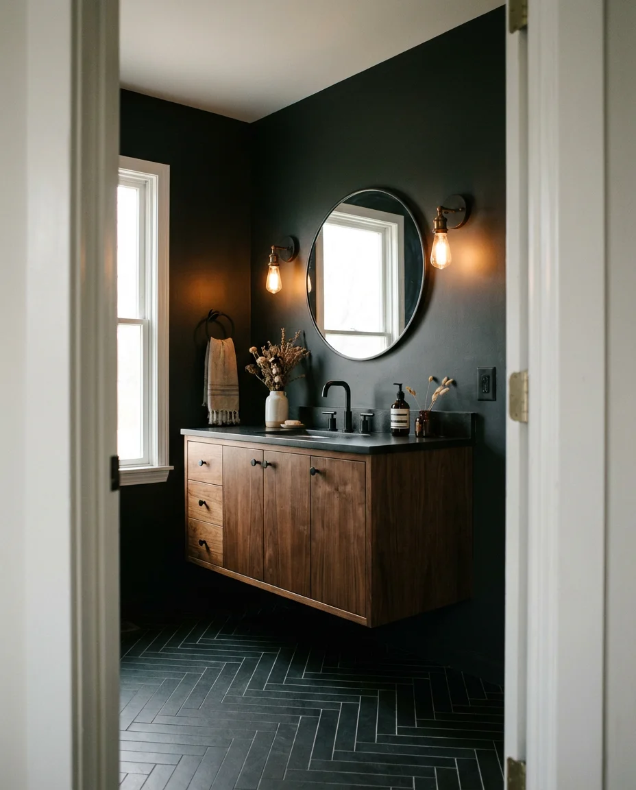 Moody Dark Walls With Warm Wood Accents 1