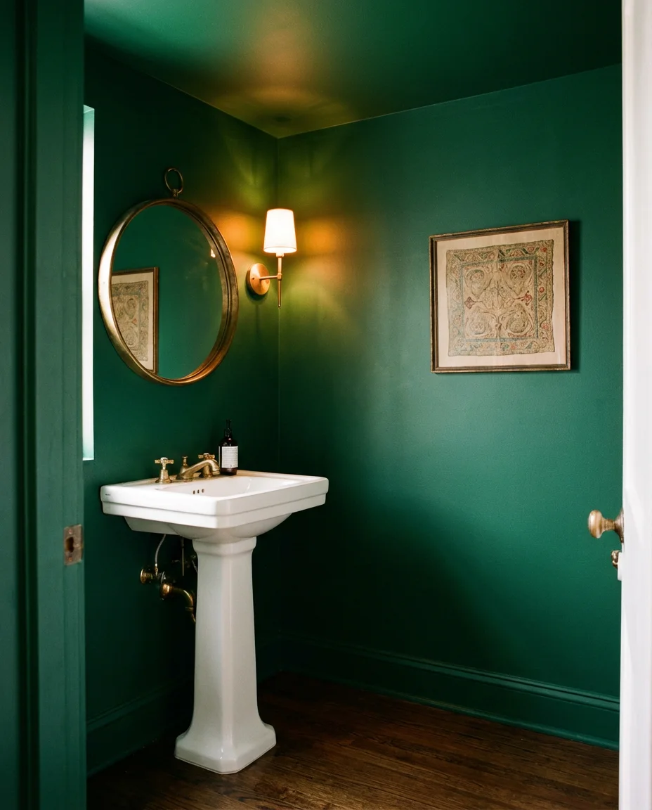 Moody Emerald Green Walls with Brass Fixtures 1